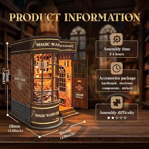 CUTEROOM Book Nook Kit for Adults, 3D Wooden Puzzle DIY Miniature Dollhouse Booknook Kit, Tiny House Building Kit with LED Light for Bookshelf Insert Decor- Magic Wand - Magic Wand thumbnail 3