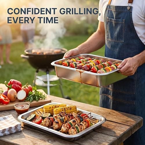 Zkeewup Grill Prep Tray & Serving Tray Set with Lids –5-Piece Grill Carry System for Marinating, Carrying & Serving, Stainless Steel BBQ Trays, BBQ Prep Grill Pan with 2 Lids and 1 Rack thumbnail 7