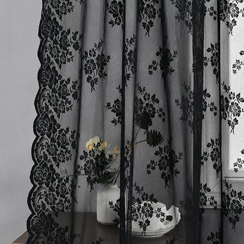Kotile Black Lace Curtains 84 Inches Long - Vintage Floral Black Sheer Curtains 2 Panels, Gothic Sheer Lace Curtains for Living Room, Rod Pocket Privacy Sheer Window Curtain, 52 x 84 Inch thumbnail 6