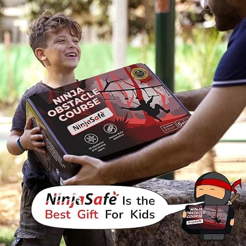 Ninja Obstacle Course for Kids Backyard - 10 Durable Obstacles and 50' Slackline - Outdoor Warrior Obstacle Playset Equipment for Girls & Boys with Monkey Bars, Ladder, Wheel, Gymnastics, Climbing Net thumbnail 4