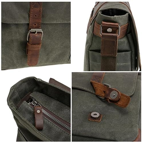 Vintage Genuine Leather Waxed Canvas Briefcase Large Satchel Shoulder Bag Rugged Computer 15.6" Laptop Bag thumbnail 6