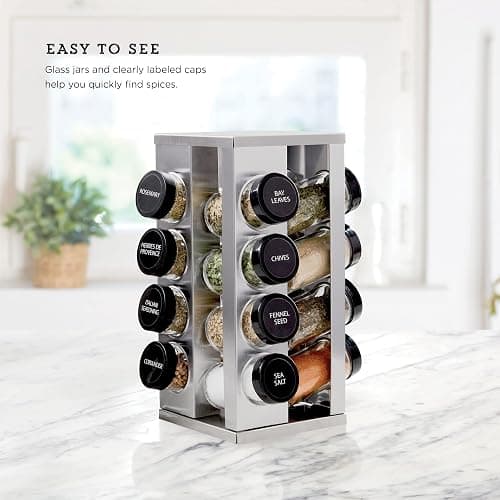 Kamenstein 16 Jar Heritage Revolving Countertop Spice Rack Organizer with Spices Included, FREE Spice Refills for 5 years, Brushed Stainless Steel with Black Caps | Revolving, Organizer, with Spices Included, with Black Caps thumbnail 4