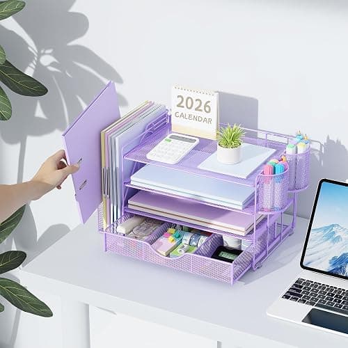 gianotter Desk Organizers and Accessories with File Holder, 4-Tier Desk Accessories & Workspace Organizers with Drawer and 2 Pen Holder, Paper Organizer for Office Supplies (Purple) thumbnail 2