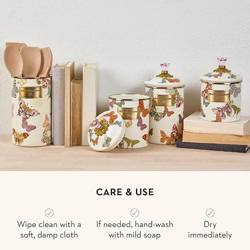 MACKENZIE-CHILDS Butterfly Garden Enamel Canister, Pretty Kitchen Storage Container with Lid, Medium thumbnail 5