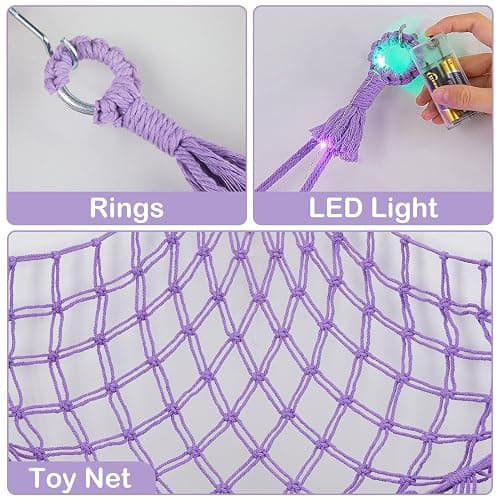 Basumee Stuffed Animals Net or Hammock with LED Light, Hanging Stuffed Animals Storage Toy Hammock Net Corner Wall Girls Room Decor Toy Storage Organizer, Purple, L thumbnail 5