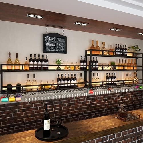 Metal Bar Shelves Wine Rack Wall Mounted Liquor Bottle Display Shelf with Wine Glass Rack and LED Light Kitchen Racks for Wine Bottles Floating Bar Mini Bar for Home Bar Restaurant Cafe Kitchen(Black, thumbnail 6