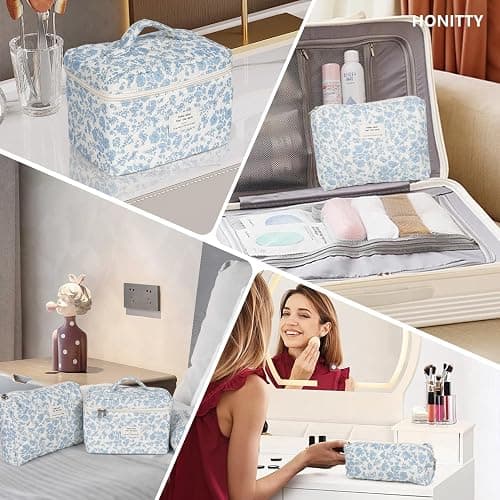 Makeup Bag,Quilted Cosmetic Bag,Large Floral Make Up Bag for Women,Cotton Makeup Bag Set,Flower Travel Toiletry Bag thumbnail 6