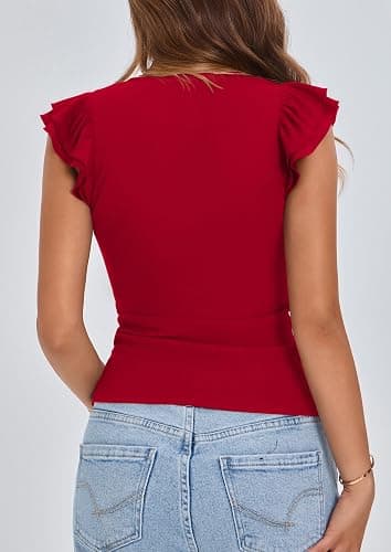 PRETTYGARDEN Womens V Neck Summer Tops Ruffle Sleeveless Slim Fit T Shirts Going Out Casual Blouses 2025 thumbnail 2