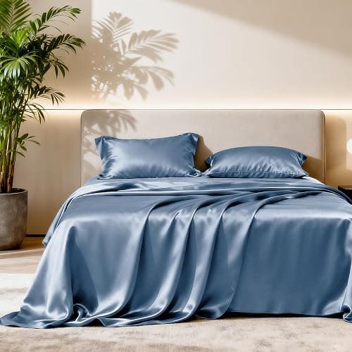 Love's cabin Satin Queen Sheets Set - 4 Piece Ash Blue Silky Bed Sheets Set with Deep Pocket, Luxury Silk Feel Satin Queen Size Sheet Set (1 Flat Sheet,1 Fitted Sheet,2 Pillow Cases) - Image 1
