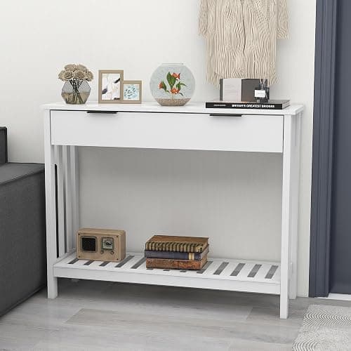 TaoHFE White Narrow Console Table with Storage Modern Wood Entryway Table with Drawer Hallway Table Sofa Tables for Living Room, Entrance Tables for Front Door Corridor, Office, White - White - with Drawer thumbnail 5