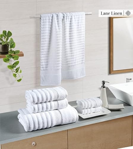 LANE LINEN White Bath Towels Set of 6-100% Cotton Towels for Bathroom, Hotel & Spa - Zero Twist, Premium Quality, Soft, Absorbent, Ribbed Bathroom Towel Set - Includes 2 Bath, 2 Hand & 2 Washcloths - 6 Piece Set - 02: White thumbnail 2
