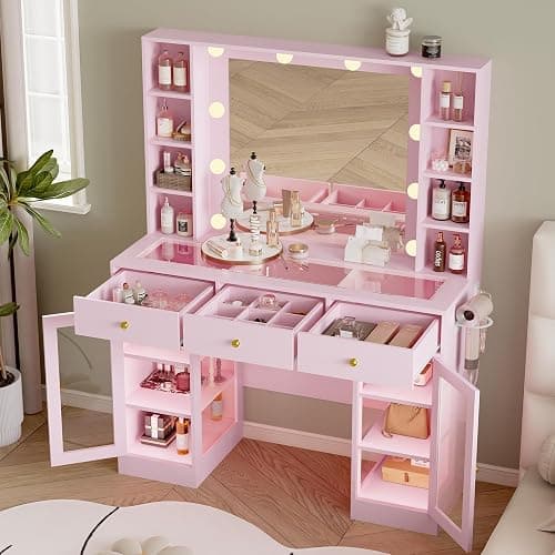 Wodeer Makeup Vanity Desk with Mirror and Lights, Pink Vanity with Glass Top, LED Lights & Power Outlet, 3 Drawers & 2 RGB Glass Cabinets, Adjustable Lighted Dressing Table for Women & Girls Bedroom thumbnail 5