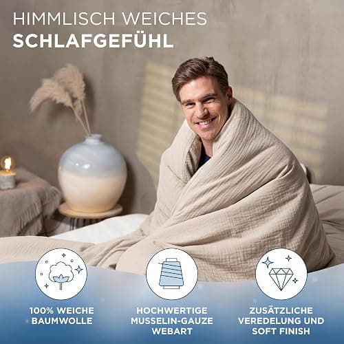 Samthus Musselin Bettwäsche aus 100% Baumwolle - Oeko-Tex Made in Green - Himmlisch weicher Schlaf - bügelfreies Bettwäsche-Set mit 1x Bettbezug 135x200 + 1x Kissenbezug 80x80 - Duvet Cover - Beige thumbnail 2