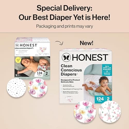 The Honest Company Clean Conscious Diapers for Delicate Skin | Up to 100% Leakproof | Hypoallergenic, Fragrance Free | Girl Prints | Super Club Box, Size 2 (12-18 lbs), 124 Count (Prints May Vary) - Size 2 (124 Count) - Rose Blossom + Tutu Cute thumbnail 2