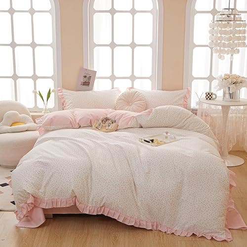 Pink Floral Duvet Cover Full 100% Cotton Ruffle Duvet Cover Girls Princess Lace Bedding Set Botanical Flower Comforter Cover with Zipper Closure Vintage Country Bedding Cottagecore Duvet Cover Set thumbnail 2