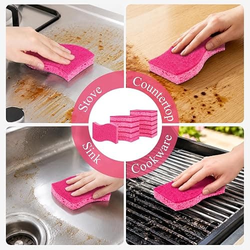 12 Pack Non-Scratch Kitchen Sponges, S-Shaped Pink Dish Sponges for Kitchen | Biodegradable Cellulose & Non-Scratch Scrubber, Household Gentle Cleaning Sponges for Pots Pans Stemware Porcelain Bathroom thumbnail 9