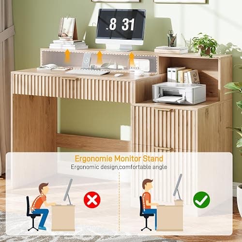 Vabches Fluted Computer Desk with Drawers, Home Office Desk with Power Outlets, Printer Stand and Storage Cabinet, Study Writing Desks with Long Monitor Stand, Oak thumbnail 5