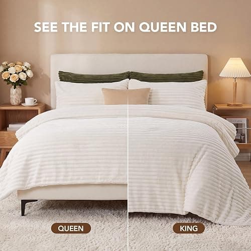 HYLEORY Fluffy Queen Comforter Set 3 Pieces - Fleece Fluffy Soft & Warm Plush Cream White Comforter Sets, Luxury Fuzzy Bedding Sets, All Season Heavy Bed Set Queen Size with 2 Pillowcases thumbnail 6