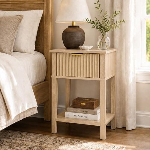 RIHHA Natural Oak 15.4" Wide Small Nightstand with Drawer,Open Shelf,Fluted | Light oak tone, ribbed fluted front, 11.8-inch slim depth, concealed storage, airy fit for bedside, sofa side, or chair side thumbnail 7