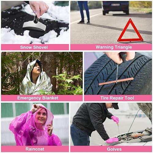 VEIYIE Car Emergency Kit with Portable Air Compressor, Pink Roadside Emergency Car Kit for Vehicles, 10FT Jumper Cables, Car Safety Kits Road Trip Essentials for Women, First Aid Kit, Tool Kit thumbnail 6