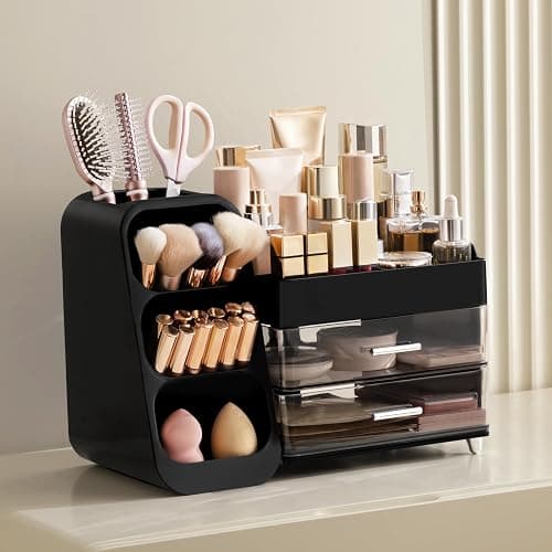 HBlife Makeup Organizer with Brush Holder for Vanity, Large Plastic Bathroom Countertop Organizer Cologne Organizer for Men, Easy to Store Lipsticks, Nail Polishes, Perfumes, Eyeshadow Palettes, Black thumbnail 2