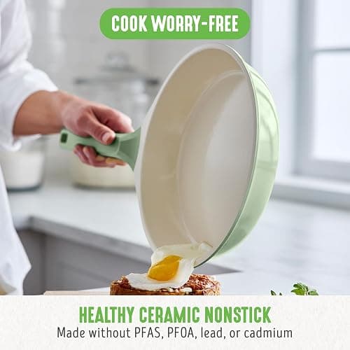 GreenLife 8 Piece Ceramic Nonstick Cookware Set, Induction Suitable Non Toxic PFAS-Free Pots & Pans, Dishwasher Safe, Cooking Set, Stock Pot, Saucepans & Frying Pans, Kitchen Cooking, Sage Green - 8 Piece Cookware Set - Sage Green thumbnail 3