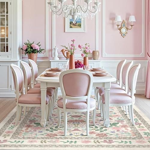 Boho Floral Area Rug 6x9 for Living Room- Deerly Vintage Large Washable Non-Slip Bedroom Carpet Soft Low Pile Thin Floor Mat Indoor for Dining Room Playroom Nursery Farmhouse, Beige/Light Pink/Multi thumbnail 4