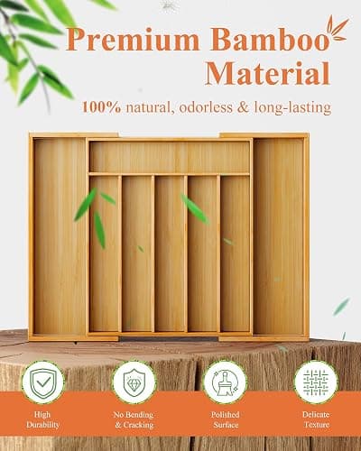 Kitsure Large Bamboo Silverware Organizer - Expandable Drawer Organizer for Utensil, Cutlery and Flatware, Kitchen Storage Solution with 6 to 8 Slots, Natural, 19.4" × 13.1" × 1.8" thumbnail 8