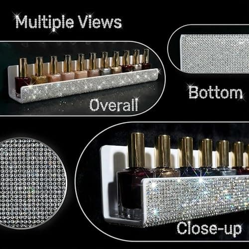 YMVV Nail Polish Wall Shelf - 15-Inch Diamond Crystal Display & Organizer Rack, Holds 60+ Polishes, Soft Ledge for Bedroom, Bathroom, Salon,6 Pack thumbnail 7