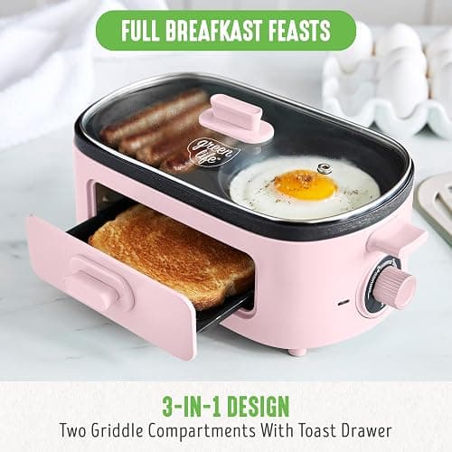 GreenLife 3-in-1 Breakfast Maker Station, Healthy Ceramic Nonstick Dual Griddles for Eggs Meat Sausage Bacon Pancakes and Breakfast Sandwiches, 2 Slice Toast Drawer, Easy-to-use Timer, Pink thumbnail 8