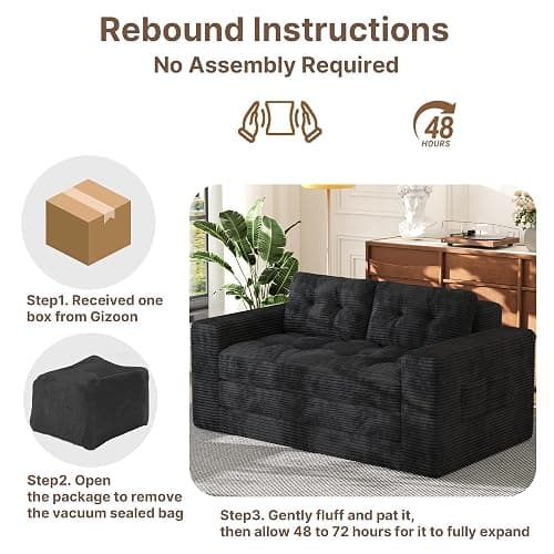 Gizoon Convertible Loveseat Sleeper Sofa Bed, 59'' Folding Floor Couch with Pillows & Memory Foam Sofa for Small Spaces, Corduroy Pull Out Couch for Apartment Living Room, Black thumbnail 9