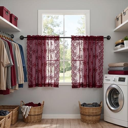 Kotile Burgundy Lace Curtains Short 30 Inch Length 2 Panels Cottagecore Floral Maroon Sheer Kitchen Curtains Over Sink, Rod Pocket Privacy Light Filtering Window Lace Cafe Curtain, 42 x 30 Inch thumbnail 7