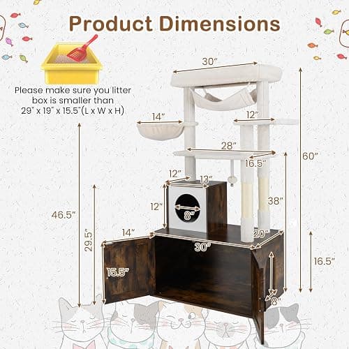 Tangkula Cat Tree with Litter Box Enclosure, Industrial Hidden Litter Box with Cat Tower, Sisal Scratching Posts, Hammock, Hanging Toy and Basket Bed, Condo, Wooden Cat Washroom for Indoor Cats thumbnail 4