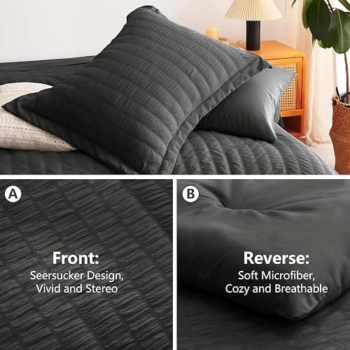 CozyLux Full Size Comforter Sets with Sheets Seersucker 7 Pieces Dark Grey Bed in a Bag Textured Luxury Soft Bedding Set with Down Alternative Comforter, Sheets, Pillowcases & Shams for All Seasons thumbnail 6