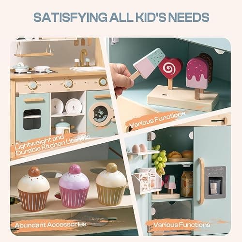 ROBUD Wooden Play Kitchen Set, Kids Toy Kitchen Set with Realistic Design, Utensils, Ice Maker, Fridge, Oven, Washer, Modern Style Play Kitchen with Accessories, Ideal Gift for Boys & Girls, Blue thumbnail 7