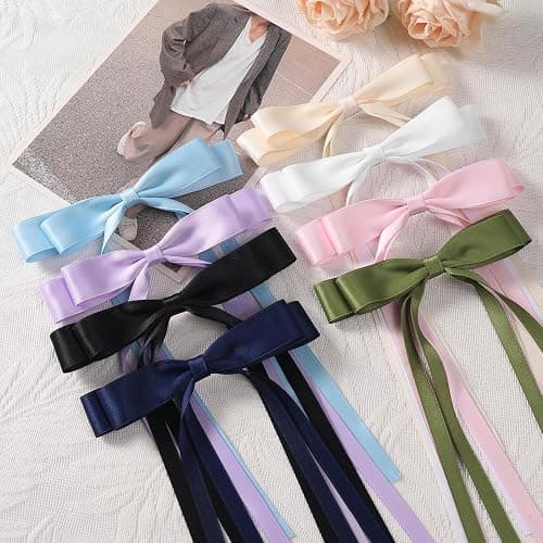 WORTL 10 PCS Satin Hair Accessories: Double Hair Ribbon Ponytail Holders, Metal Hair Clips and Bows for Women and Girls in Black and White thumbnail 5