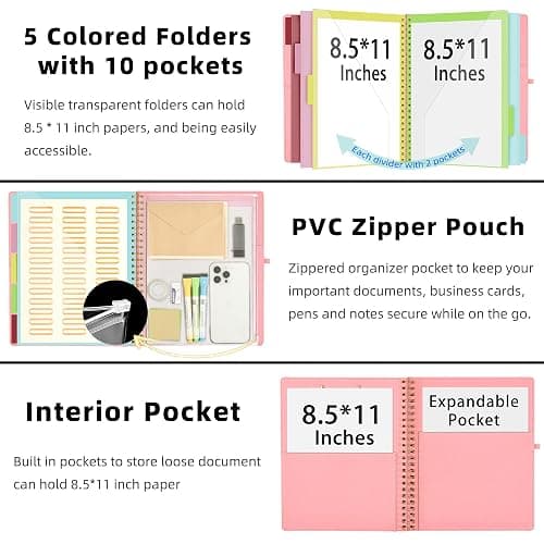 Ospelelf Pink Foldable Spiral Clipboard Folio with Storage Zipper Pouch, 5 Plastic Folders with 10 Pockets,Refillable Lined Notepad (11" x 8.5"), Hardcover Project Organizer with 39 Stickers thumbnail 4