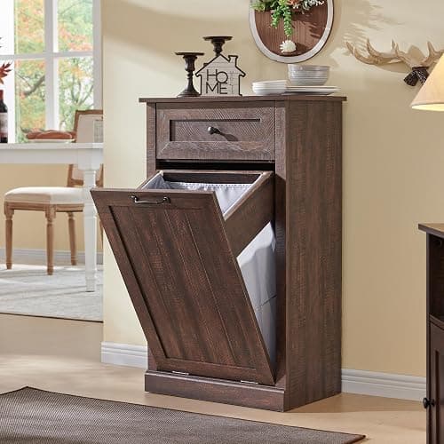 IFGET Tilt Out Trash Can Cabinet, 10 Gallon Farmhouse Laundry Hamper Cabinet with Drawer, Hidden Wooden Trash Garbage Can Bin with Storage Basket for Kitchen, Living Room (Brown) - Image 1