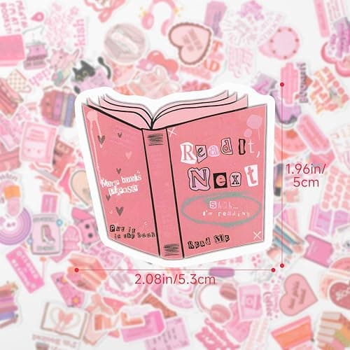 Zoruam Bookish Pink Cartoon Waterproof Reusable Stickers, 120pcs for Kindle, Scrapbook, Water Bottles, Laptops (120 Pink) thumbnail 5