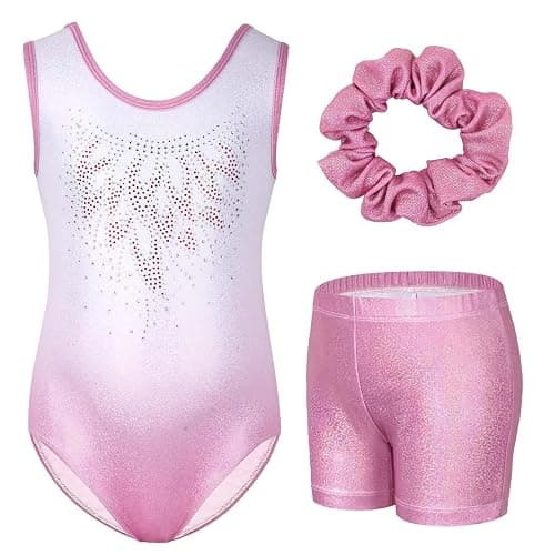 Gogokids Girls' Three-Piece Gymnastics Set, Sleeveless Leotards with Shorts and Hairband, Sparkling Ballet Dancing Unitards - Gymnastics Outfit with Gradient Color Design for 3-12 Years - Image 1