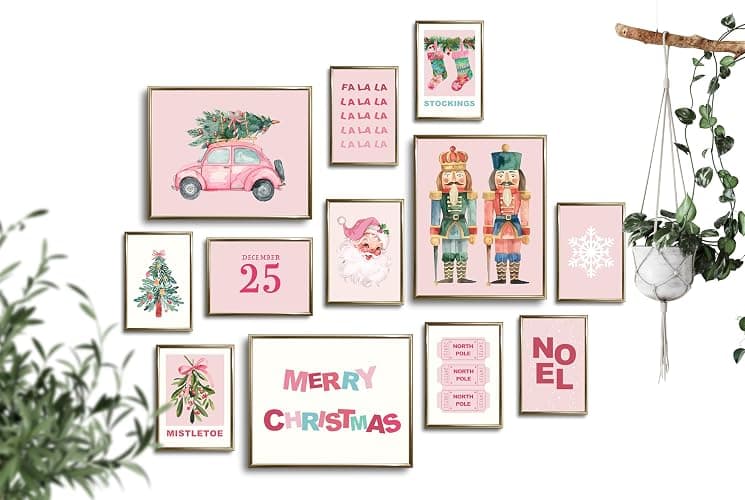 TwoDays Pink Christmas Wall Art, Pastel Holiday Xmas Aesthetic Poster for Room Decor, Vintage Santa Pine Tree Merry Gallery Artwork Prints. (Multi Sizes, 8" X 10" Largest, Set of 12, UNFRAMED) thumbnail 7