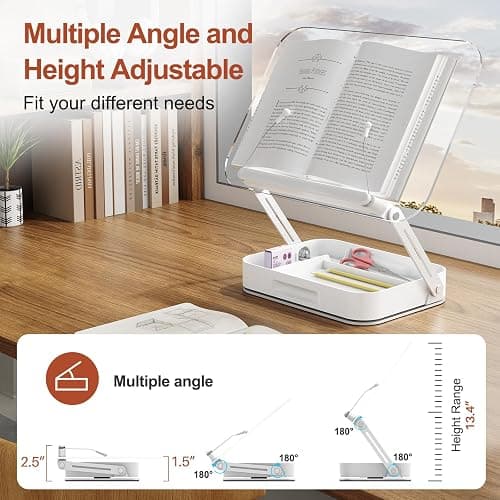 Acrylic Book Stand with Storage, Adjustable Book Holder for Reading with 360° Rotating Bases, Foldable Desktop Riser Stand, Elastic Clips for Cookbook Recipe Magazines Tablets, Laptops (Clear) thumbnail 8