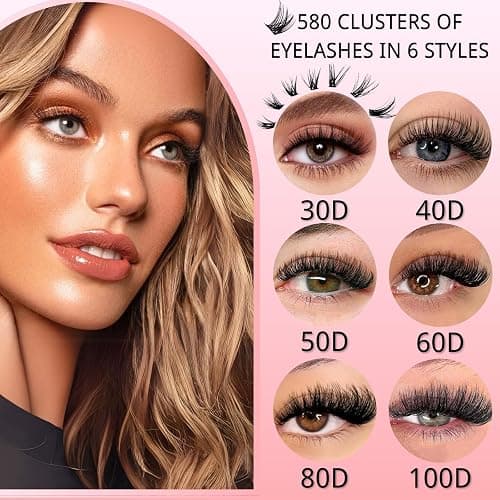 KEYRI 580 Pieces Individual Eyelashes 30-40-50-60-80-100D Cluster Lashes Kit DIY Eye Lashes Fluffy Russian Eyelashes Extensions Curly Durable Eyelash Clusters for Girls and Women (8-16mm Mix) thumbnail 6