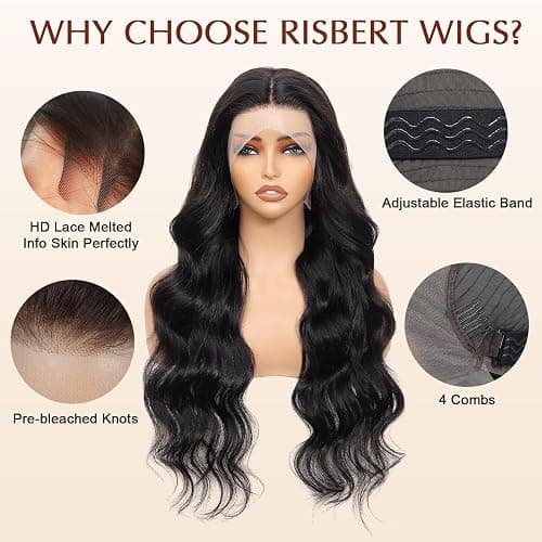 RISBERT 30 Inch 13x6 Lace Front Wigs Human Hair 200 Density Body Wave HD Lace Frontal Wigs Human Hair Pre Plucked with Baby hair Natural Color Glueless Wigs for Women thumbnail 6