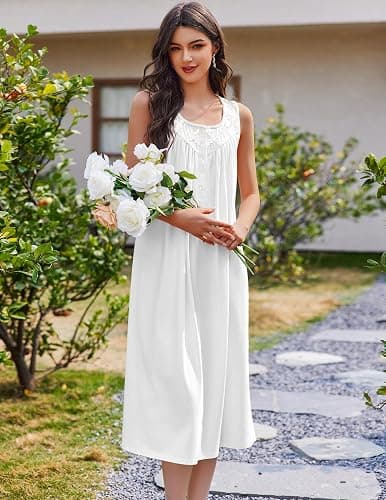 Ekouaer Nightgowns for Women Cotton Long Night Gown Sleeveless Sleep Dress Victorian Nightdress Ladies Sleepwear S-XXXL thumbnail 4