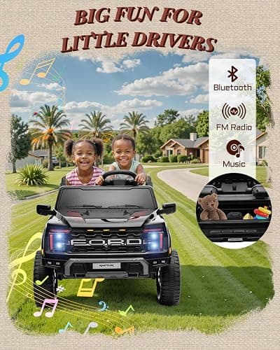 First Ride On 24V Ride on Toys for Big Kids, Licensed Ford F-150 Raptor 2 Seater Kids Ride on Car w/Remote Control, Toddler Electric Car w/LED Lights, Bluetooth, Truck Bed Storage, Soft Start (Black) thumbnail 4