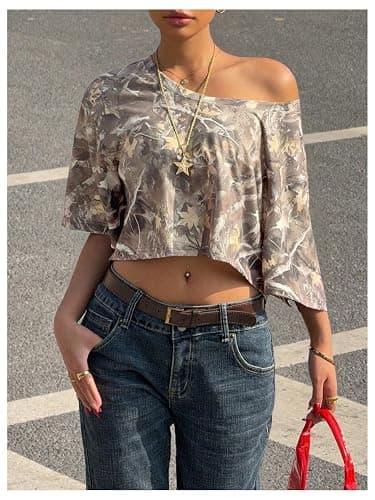 SOLY HUX Women's Y2k Camo T Shirt Off The Shoulder Half Sleeve Y2k Crop Tops Streetwear Summer T Shirt thumbnail 5