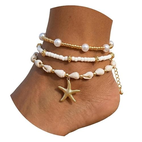 Starfish Shell Ankle Bracelets Summer Pearl Beach 14k Gold Beaded Hawaiian Dainty Anklet for Women - Image 1