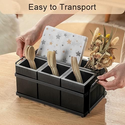 PTSTING Silverware Caddy Black Wood Silverware Holder Paper Plate Dispenser Utensil Caddy Cutlery Flatware Organizer Box for Spoons Forks Plates Napkins thumbnail 4