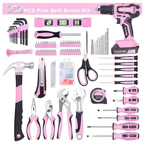 FASTPRO 232-Piece 20V Pink Cordless Lithium-ion Drill Driver and Home Tool Set, Lady's Repairing Kit with 12-Inch Wide Mouth Open Storage Bag thumbnail 3
